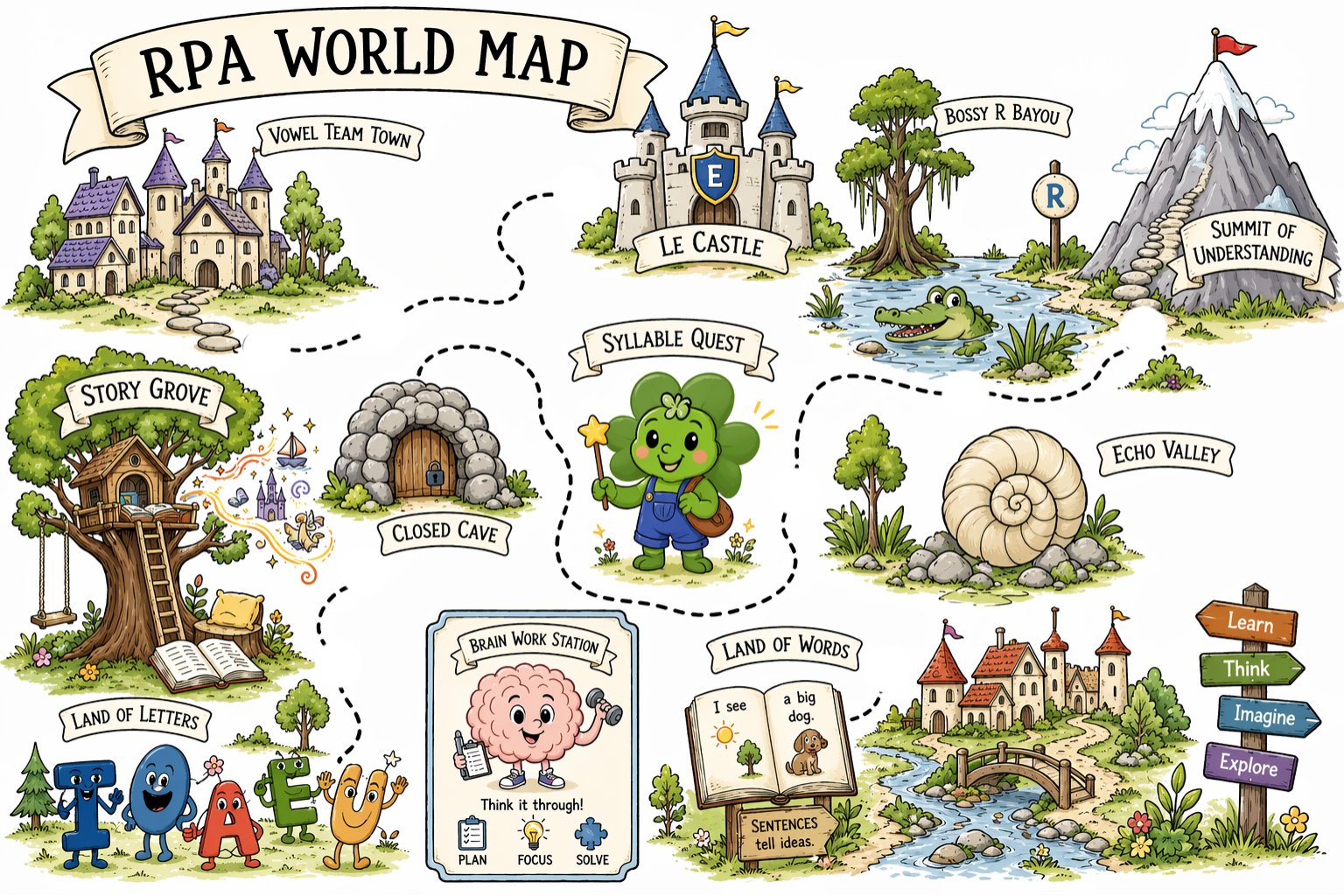 RPA World Map — Clover's reading adventure through Land of Letters, Brain Work, Land of Words, and beyond