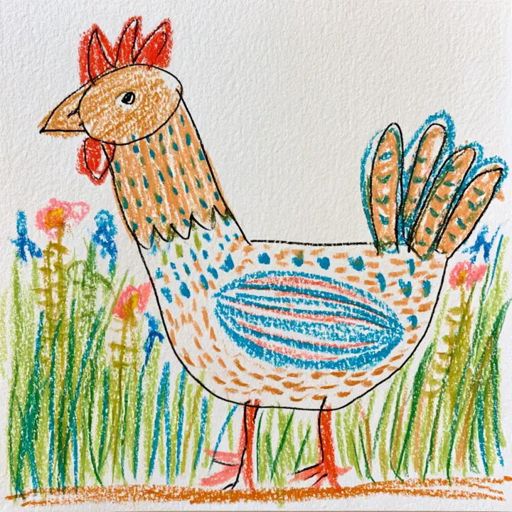 Oil pastel hen with an orange head, blue feathers, and garden flowers