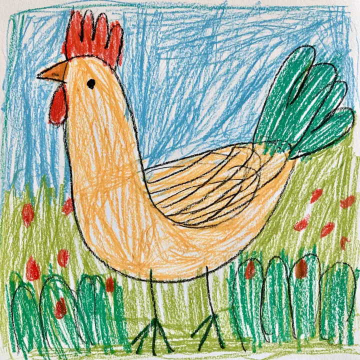Oil pastel orange hen with green tail feathers in a garden