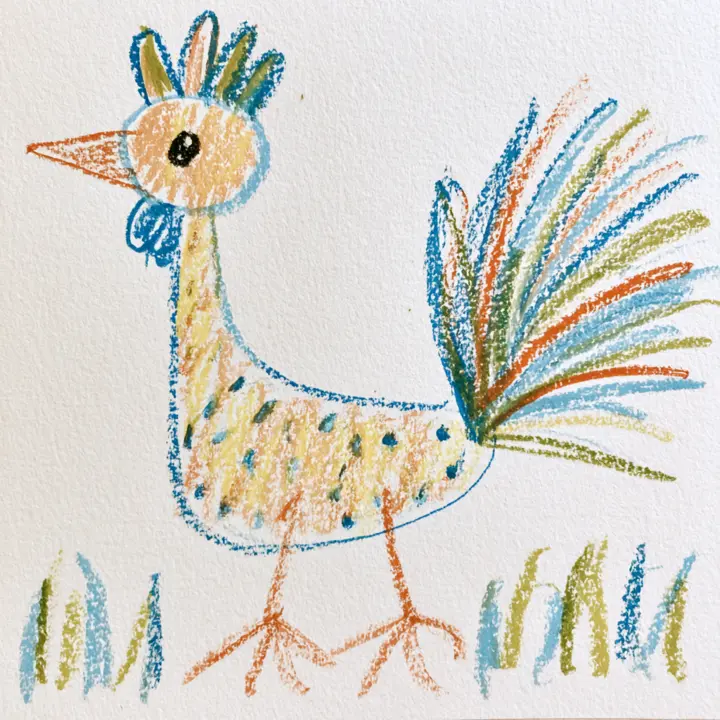 Oil pastel hen with a long colorful tail and blue details