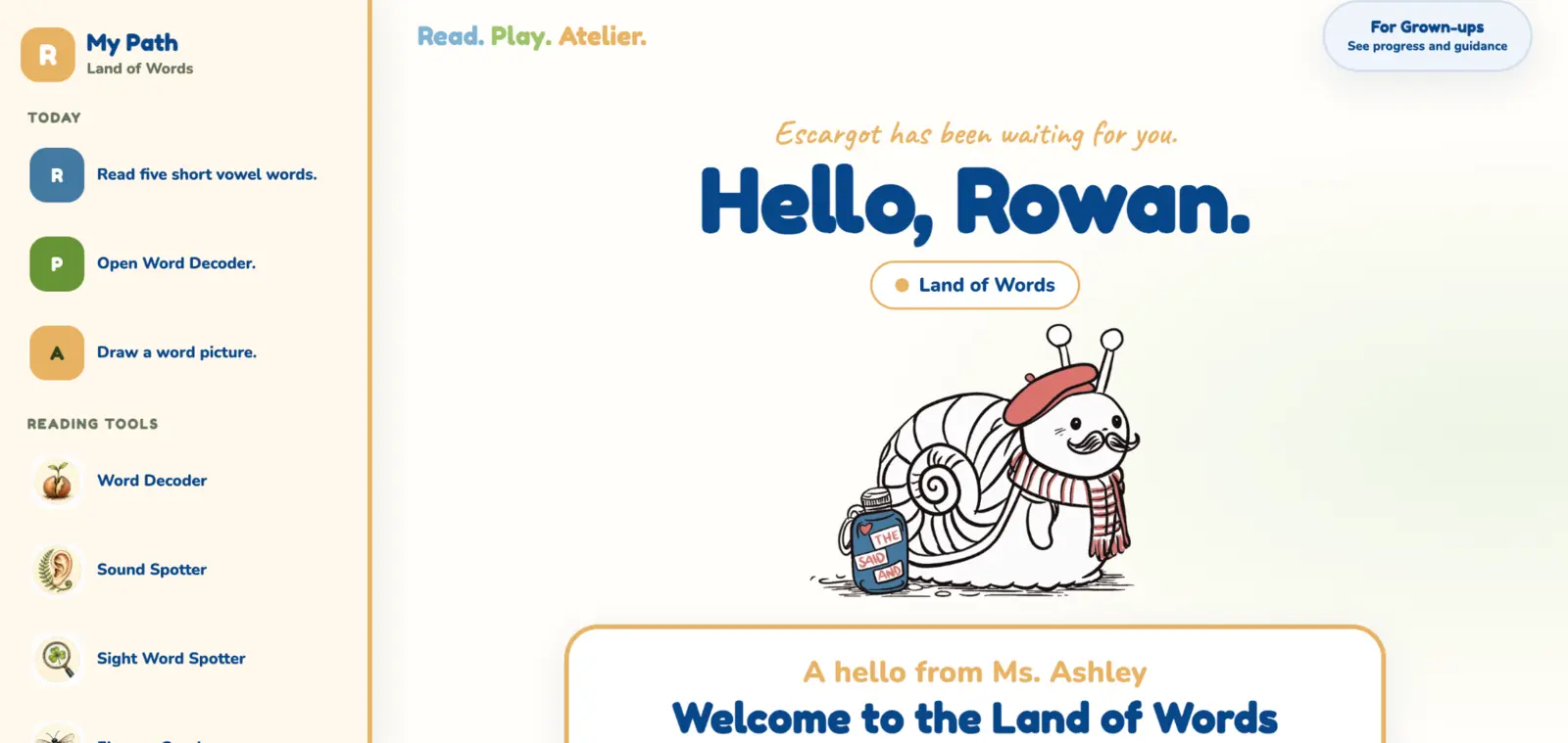 The Reading Library child dashboard with a reading path and Escargot