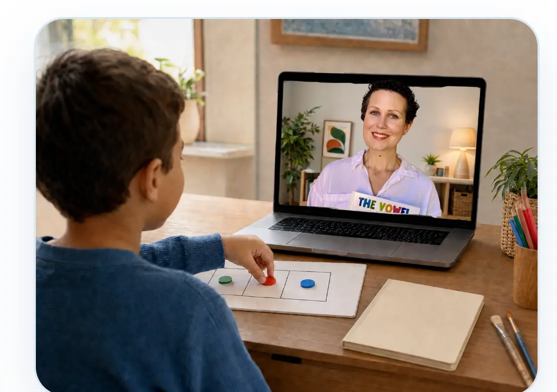 A learner joining Ms. Ashley for a live online reading lesson