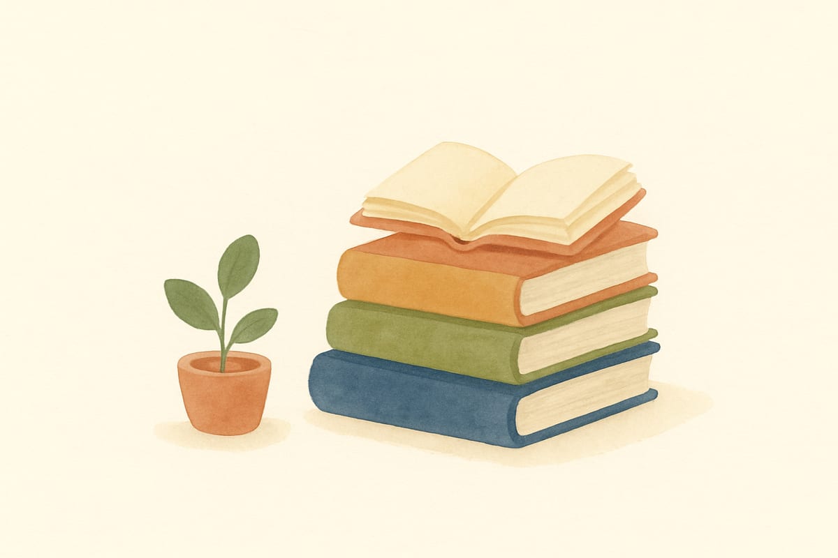 Soft watercolor illustration of a small stack of books beside a potted plant
