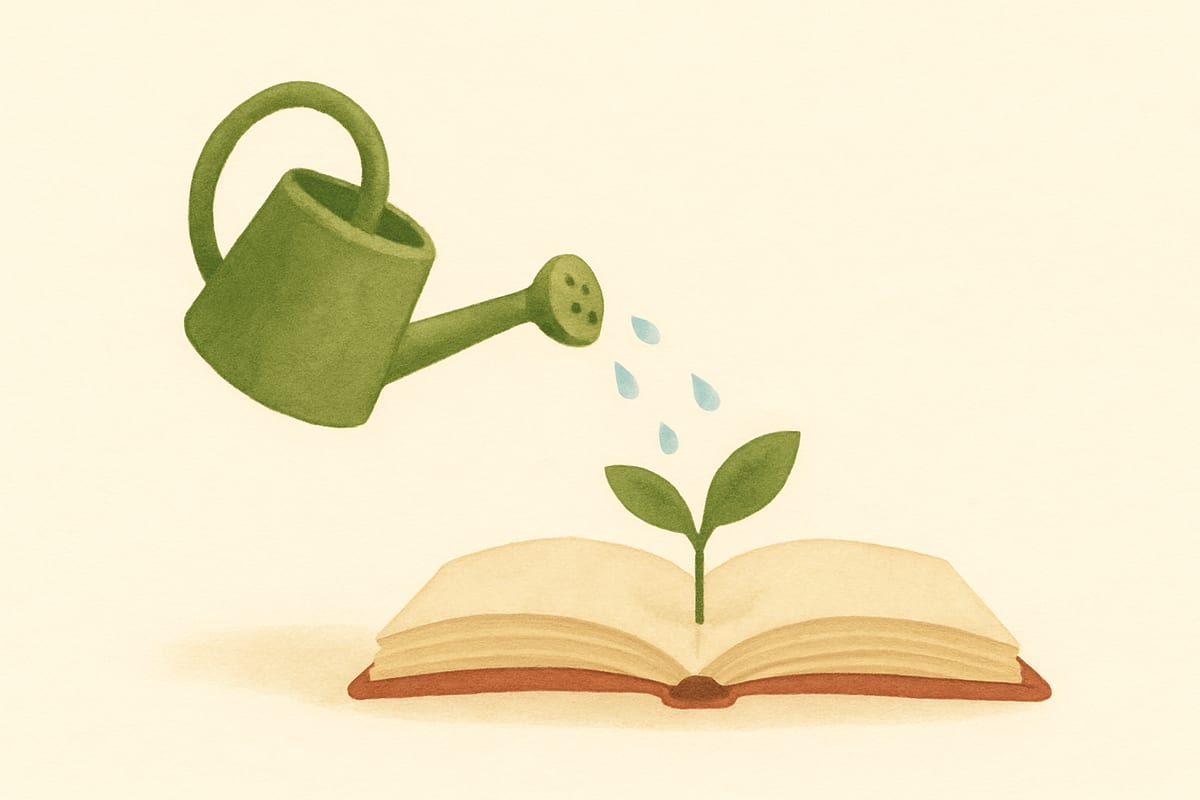 Soft watercolor illustration of a small green watering can sprinkling drops onto a young sprout growing from an open book