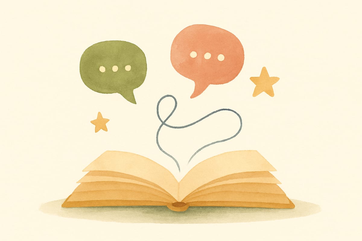 Soft watercolor illustration of an open book with gentle speech bubbles, stars, and a thin winding thread above it