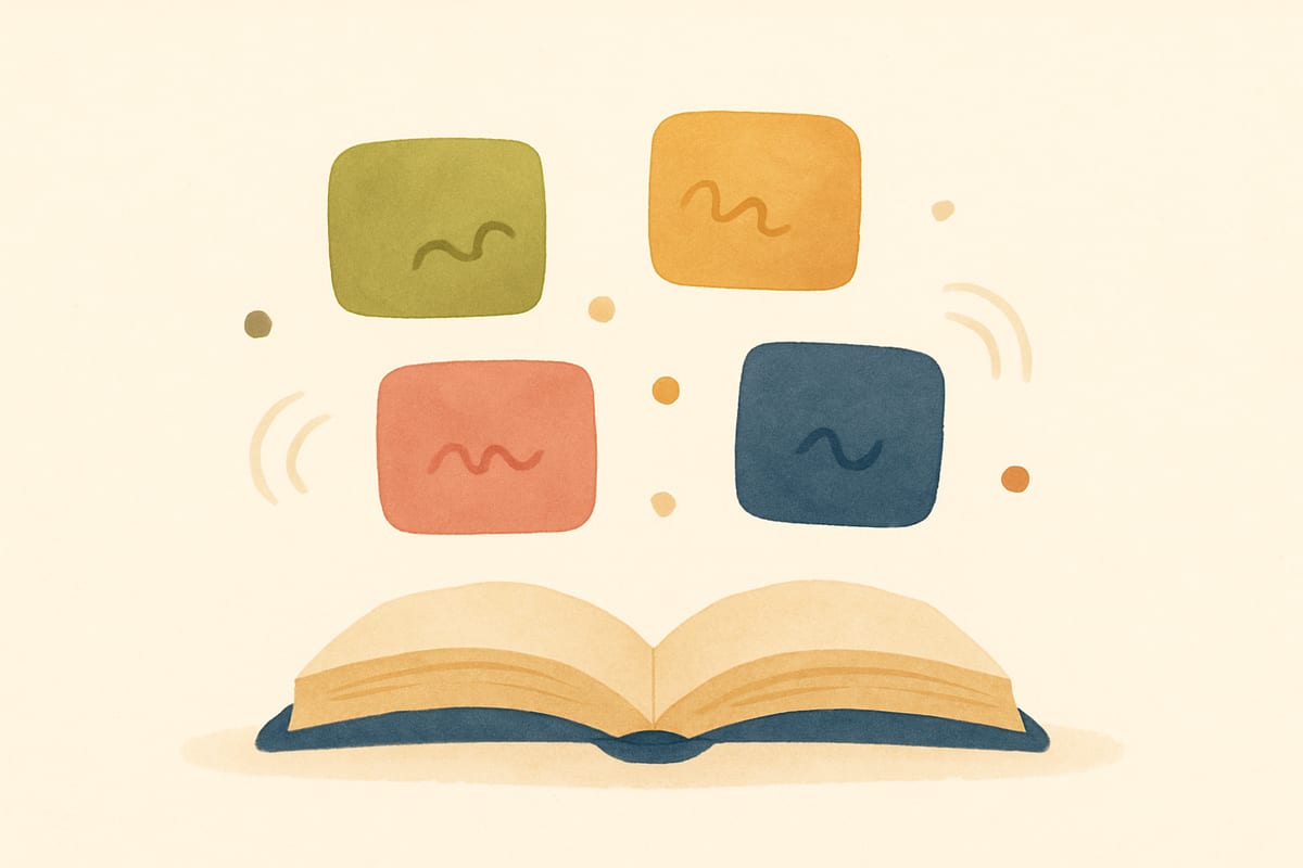 Soft watercolor illustration of rounded blank tiles with gentle squiggle marks floating above an open book