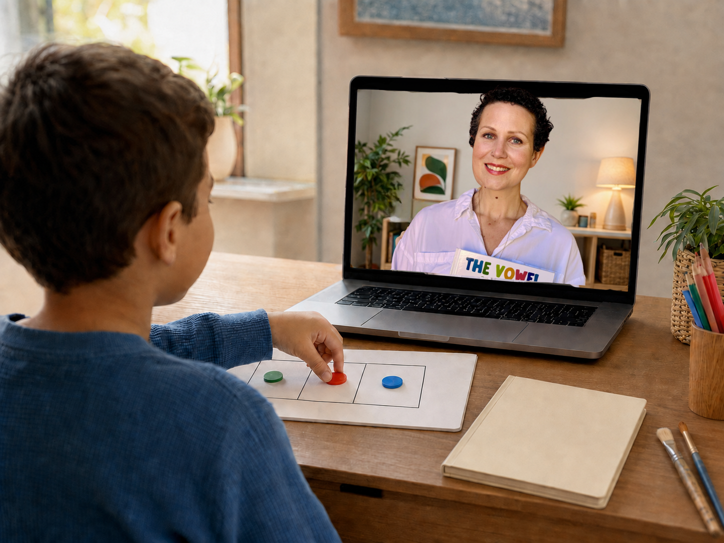 A child learning with Ms. Ashley during an online reading session