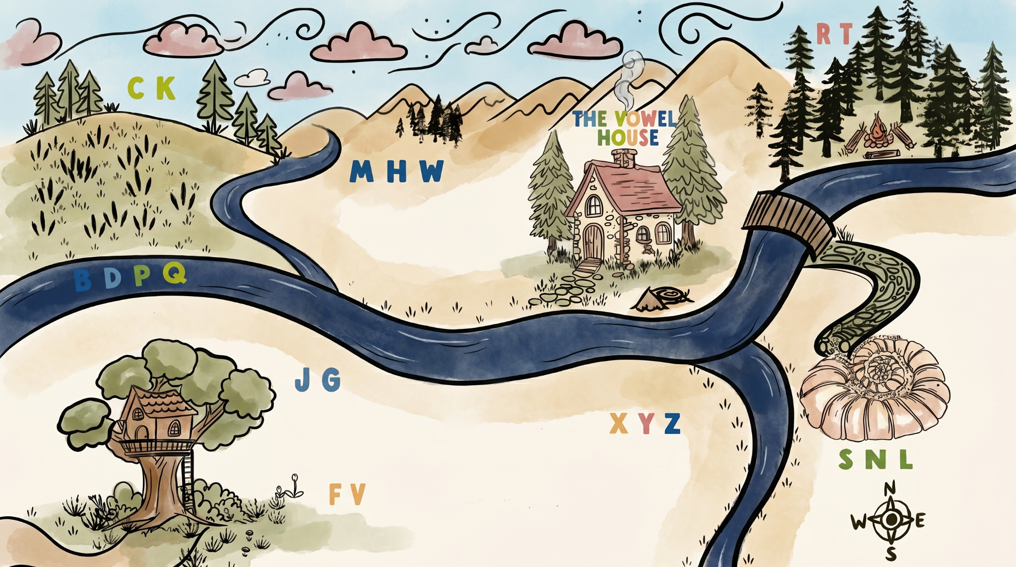 Hand drawn Land of Letters map with the Vowel House, mountain paths, forests, treehouse, creek, and snail shell.