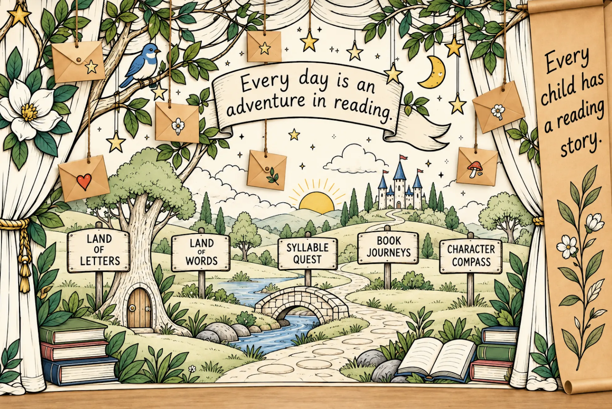 A storybook stage that reads Every day is an adventure in reading. Signposts for Land of Letters, Land of Words, Syllable Quest, Book Journeys and Character Compass stand along a winding path.