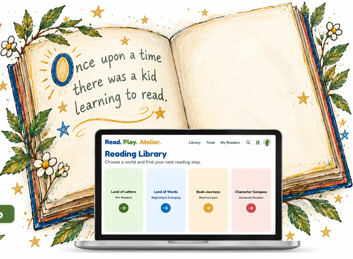 A magical open storybook. Its first page begins, Once upon a time there was a kid learning to read. A small laptop in front shows the four Reading Library worlds.
