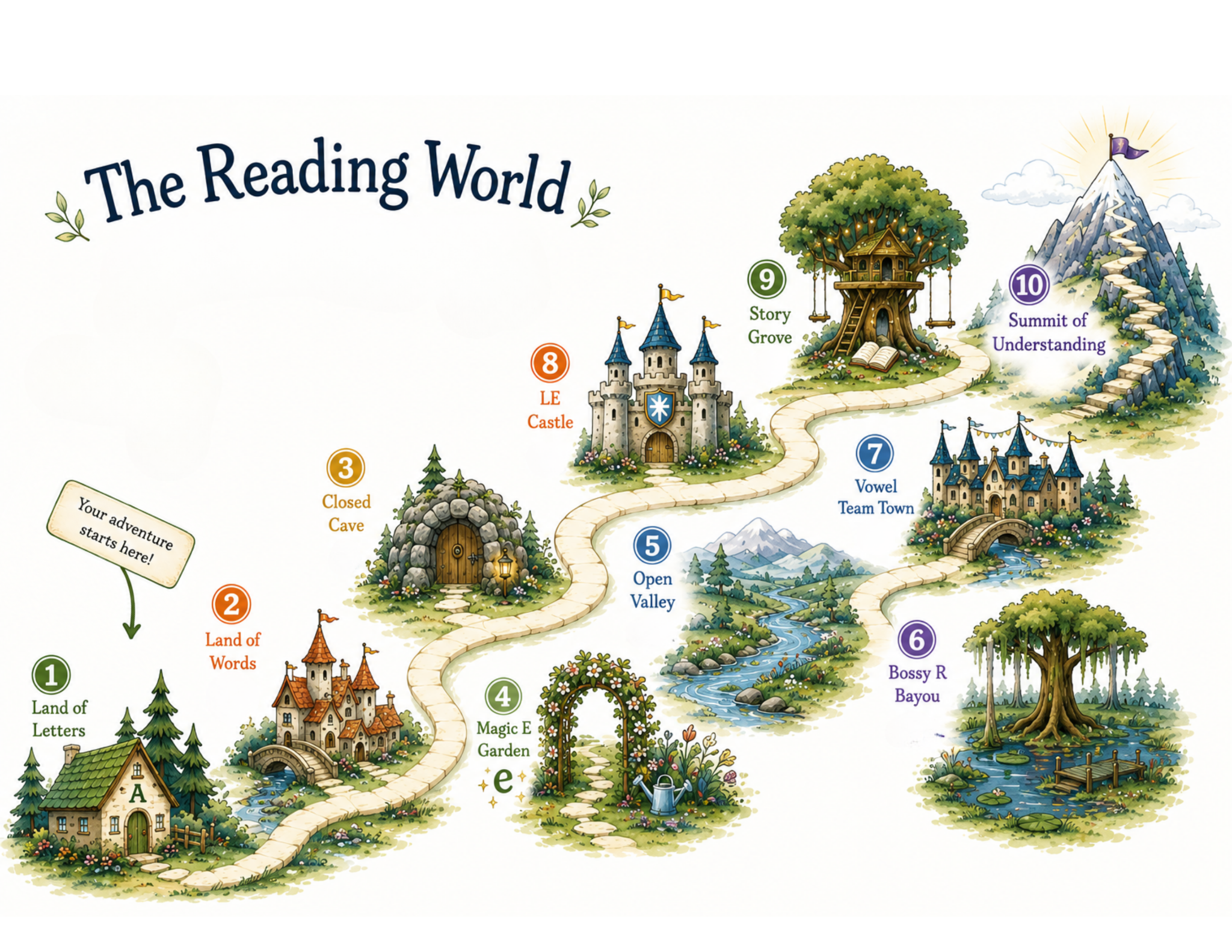 The Reading World Map. Ten numbered stops lead from the Land of Letters to the Summit of Understanding.