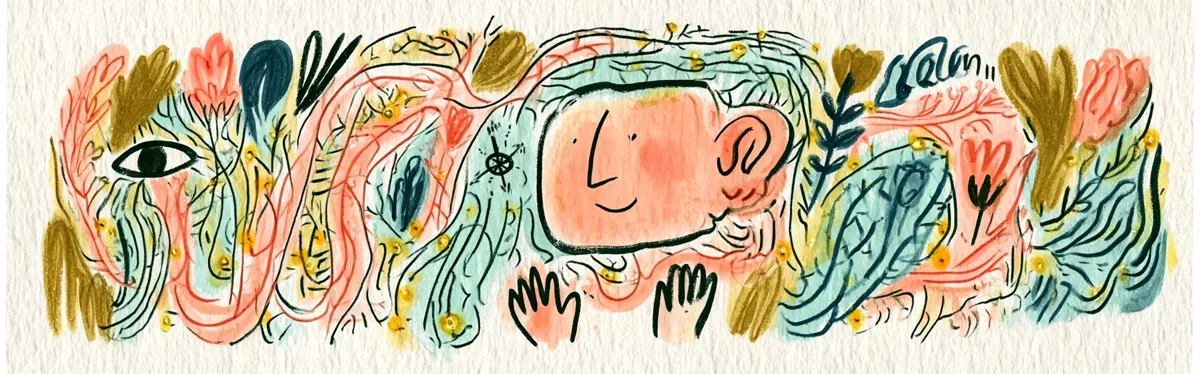 A colorful brain connected to the eyes, ears and hands