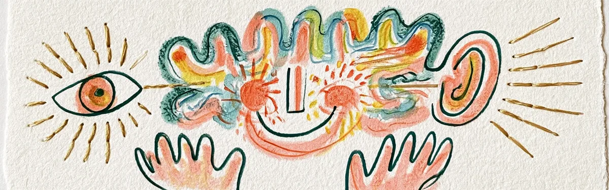 A colorful brain connected to the eyes, ears and hands